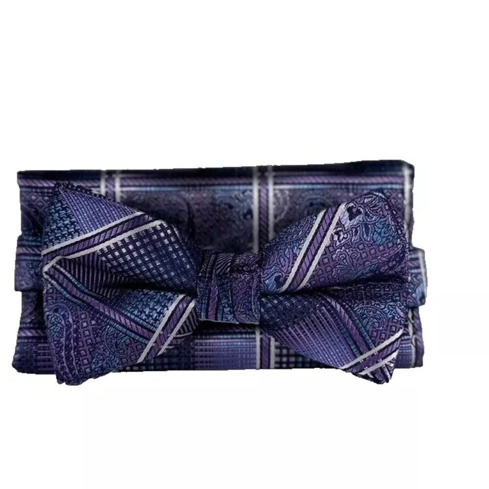 Stacy Adams Men's Bow Tie Hanky Purple Royal Blue Lilac Silver Striped 2.5" Wide